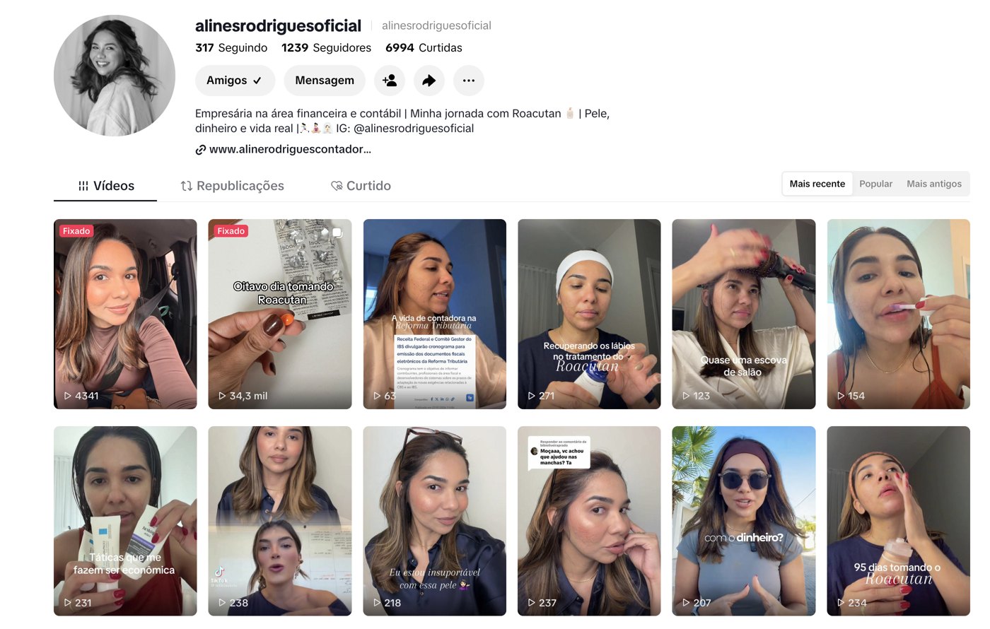 Perfil de Aline Rodrigues no TikTok
